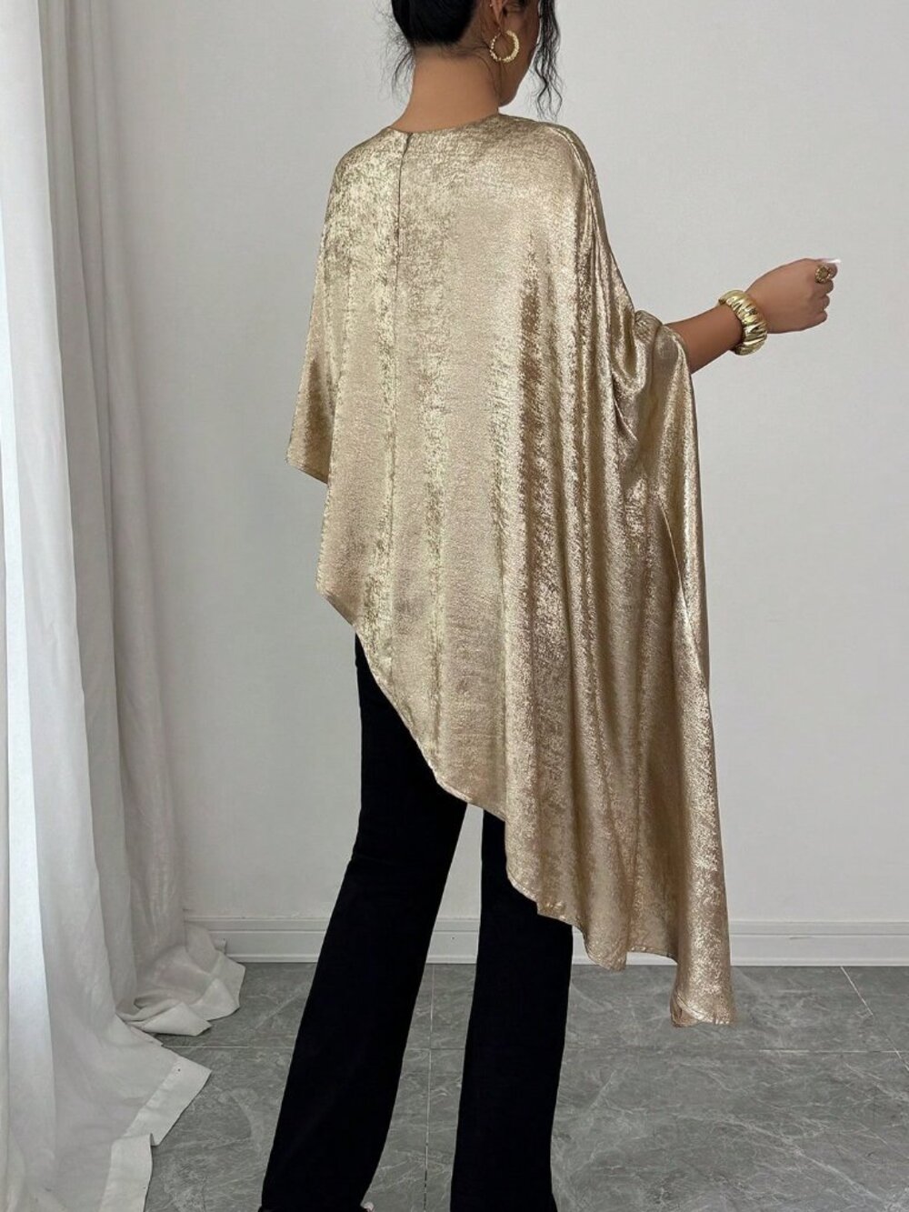 Gold Women's Elegant flowy asymmetrical blouse Top - Picture 2 of 6